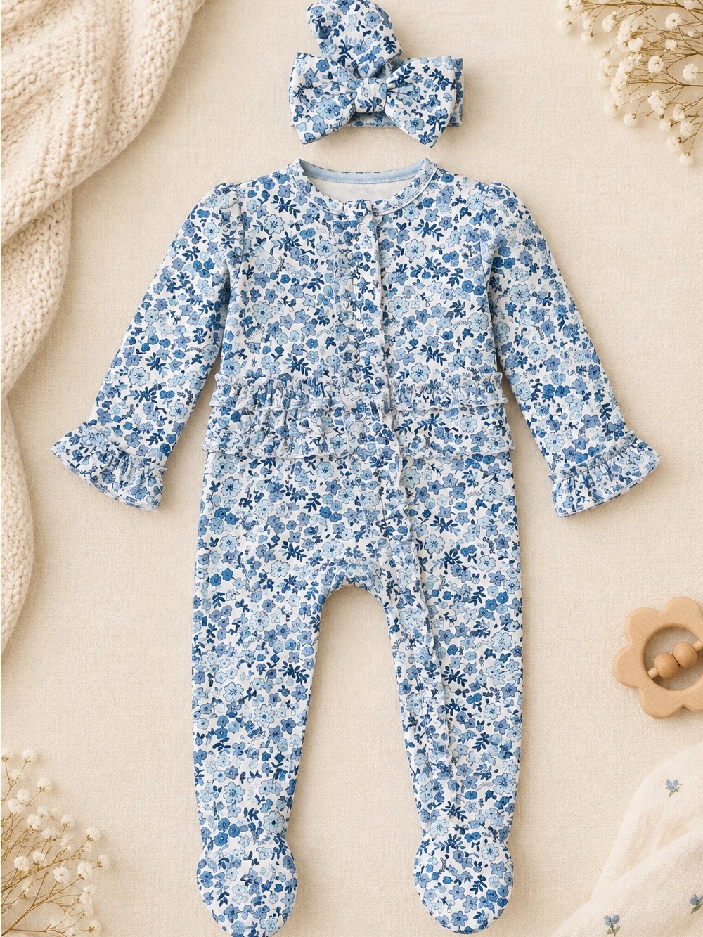 Little Me Blue and White Floral Footed One-Piece with Matching Bow
